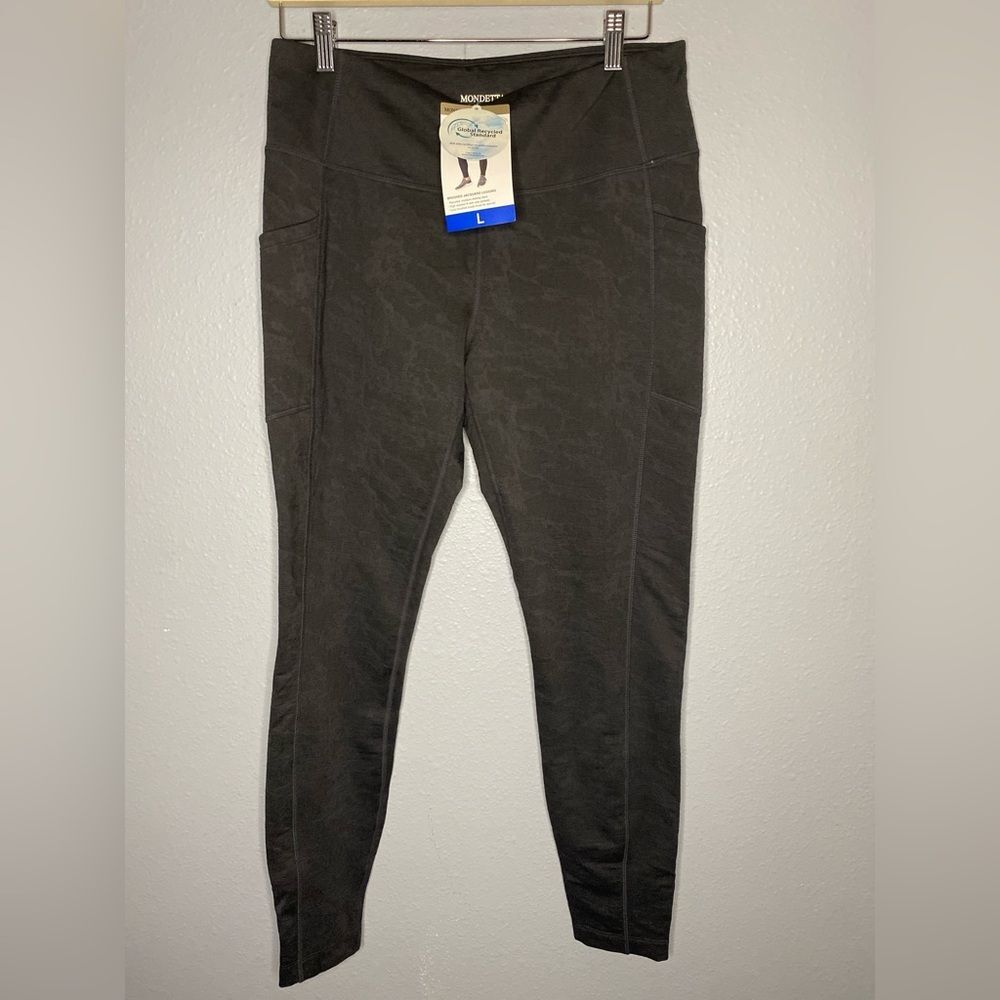 NWT New Mondetta Textured Black Camo Pattern Leggings with Pockets Size Large